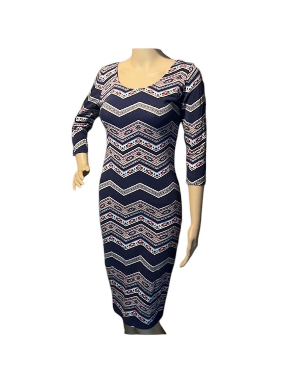 Xhilaration Navy Chevron Midi Dress with Pink & White Details Size Small - Picture 2 of 7